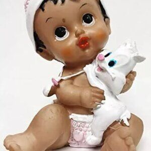 Ethnic Baby Girl Holding Her Bunny Baby Shower Cake Topper Favor Decoration